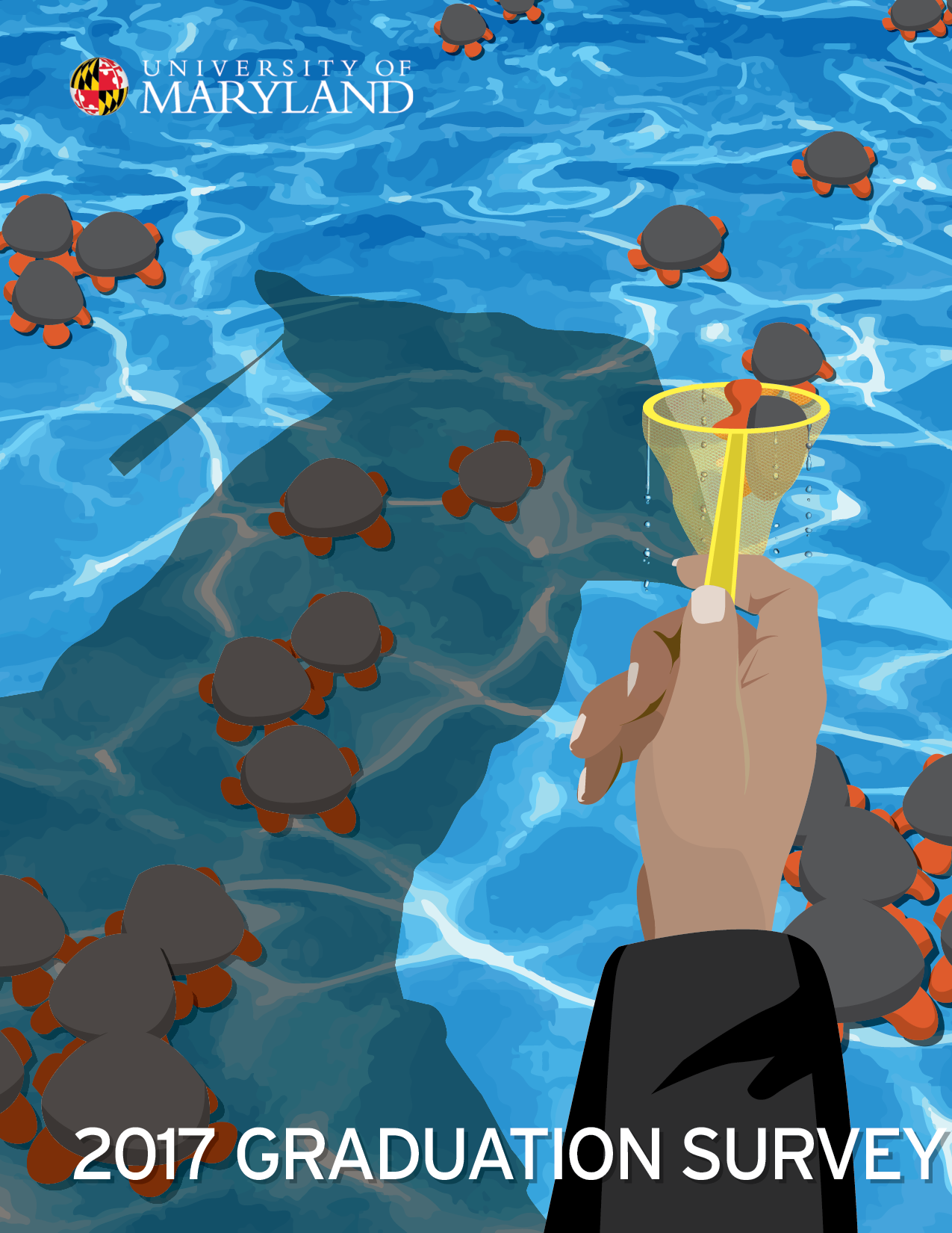 2017 Graduation Survey Cover - Hand holding net fishes for toy turtles in Reflection Pool at UMD